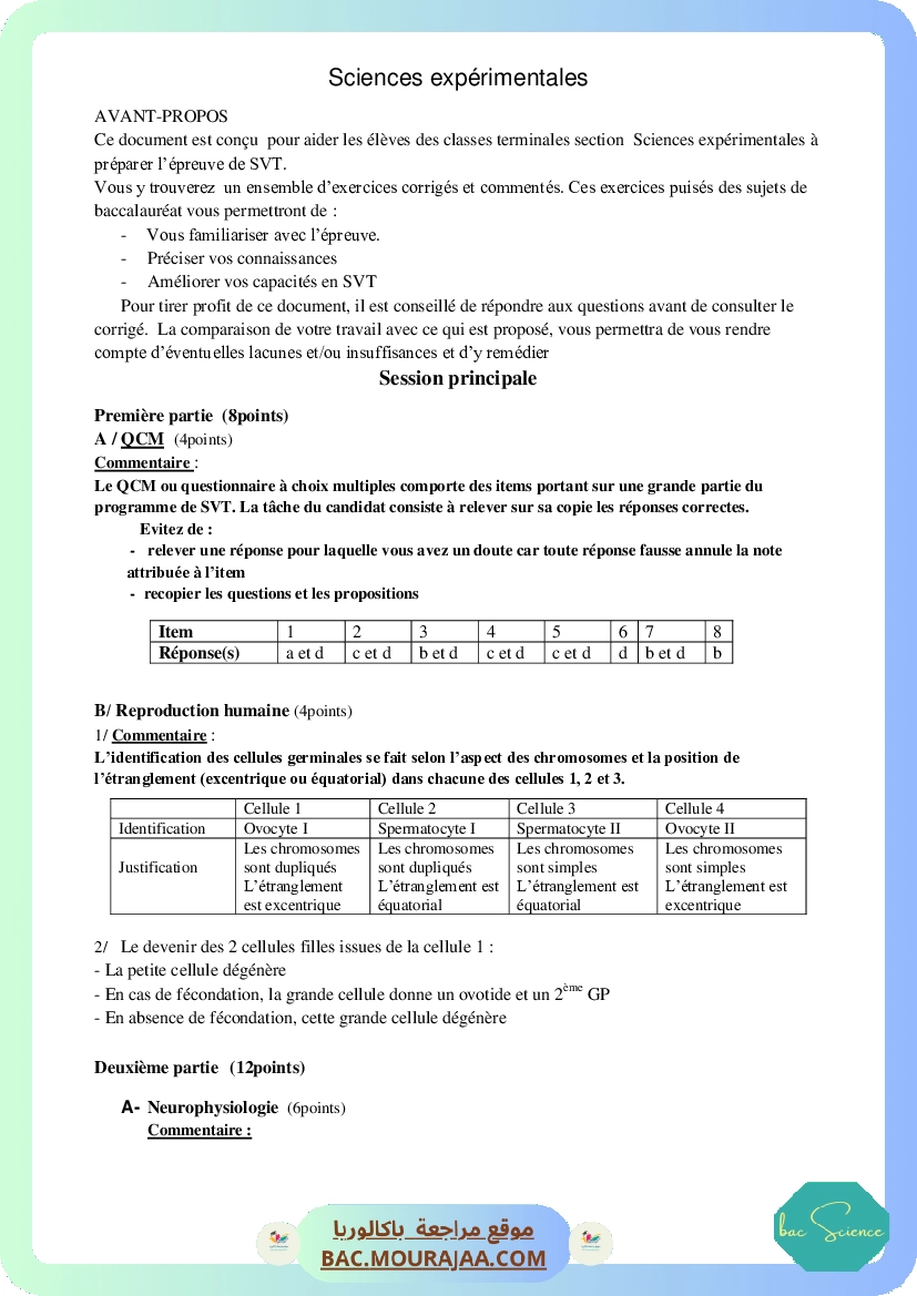Corrigé principale svt Bac 2012 – Section science